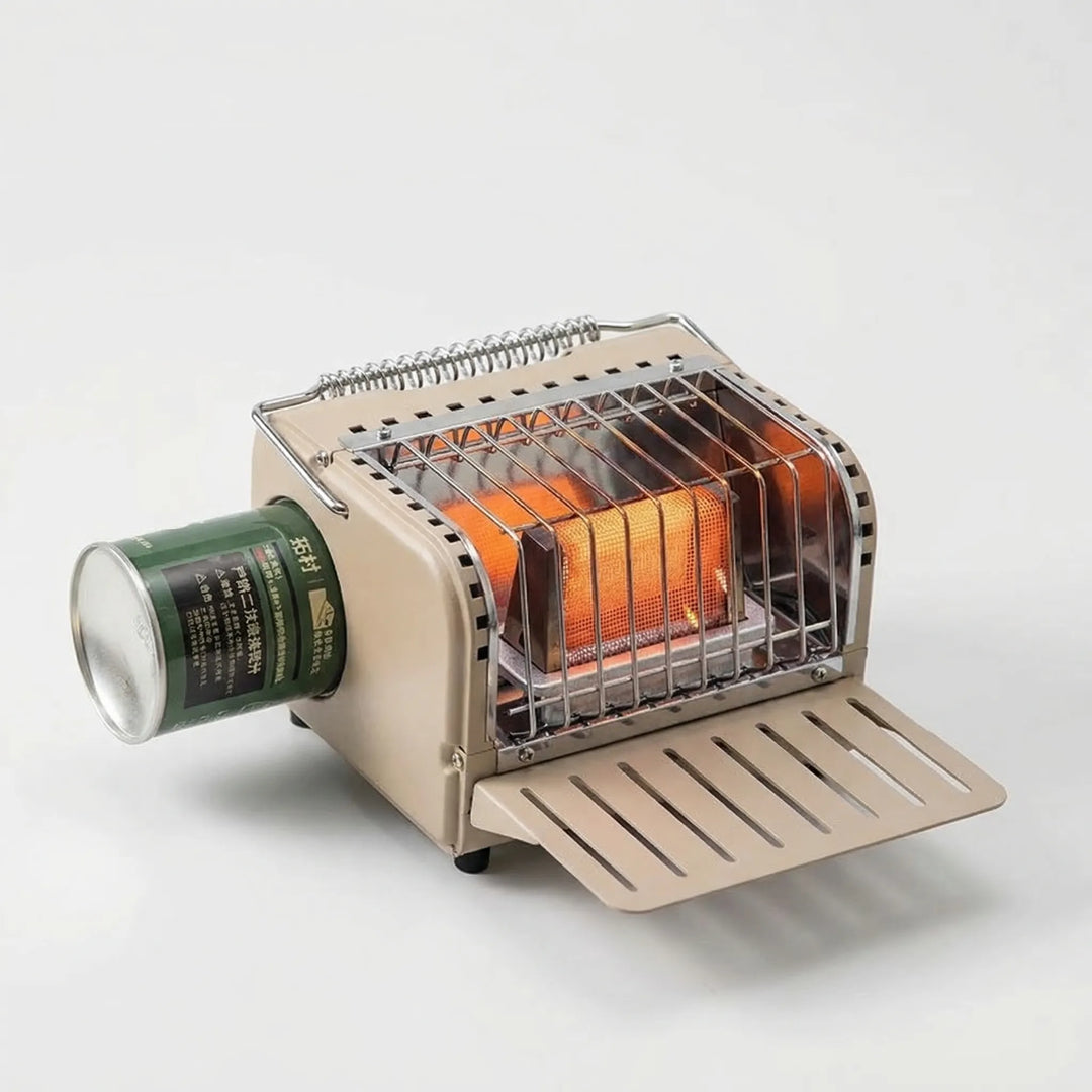 Tabletop portable gas heater, ideal for outdoor adventures. Compact design for easy transport and warmth.