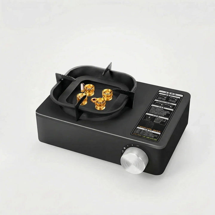 Quick-setup portable gas stove, high-output burner for easy and efficient outdoor camp kitchen cooking.
