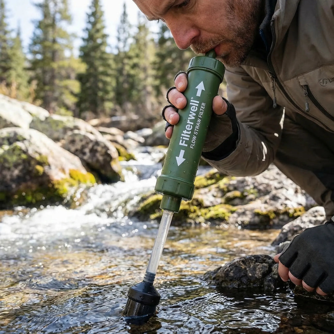 Compact portable hiking water filter for safe outdoor hydration. Ideal for camping, backpacking, and emergency survival.