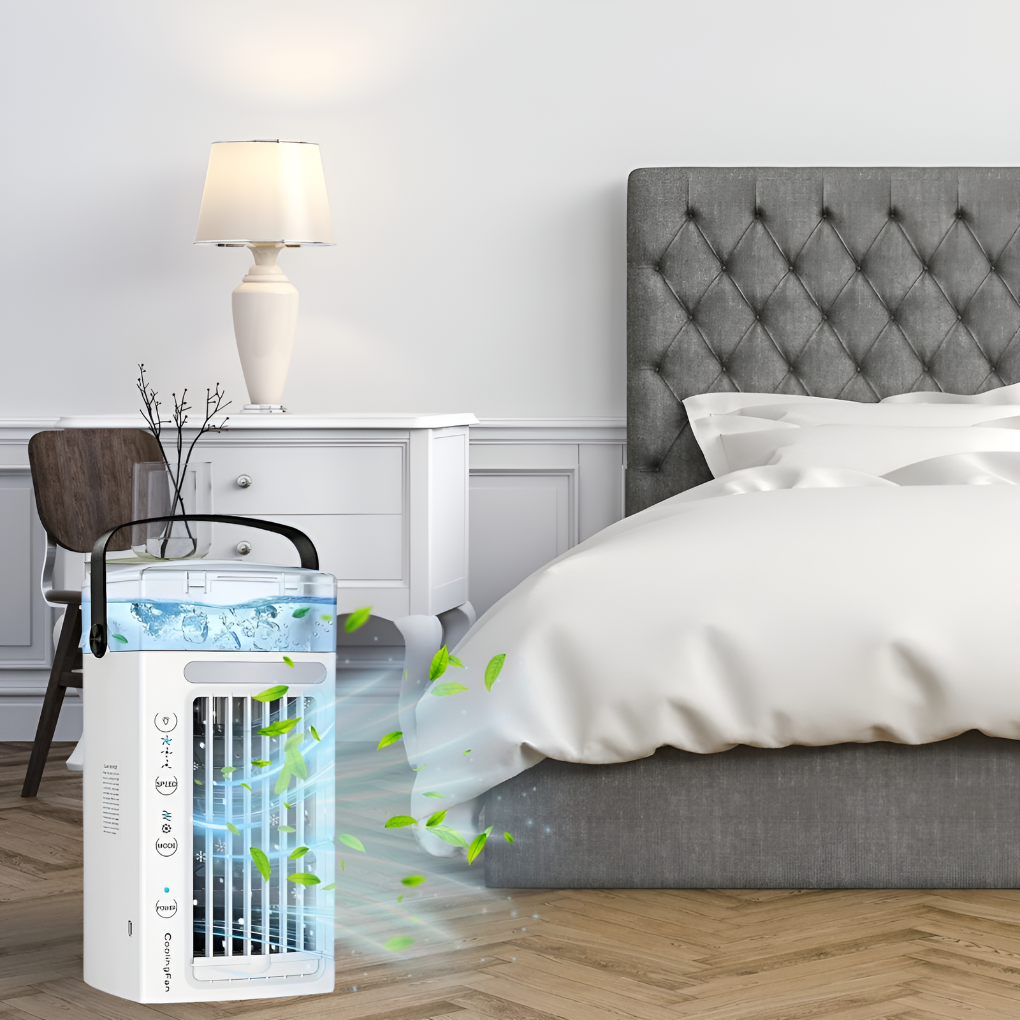 Compact portable personal air cooler with an easy carry handle, ideal for desktop, office, or travel. Quiet mini fan.