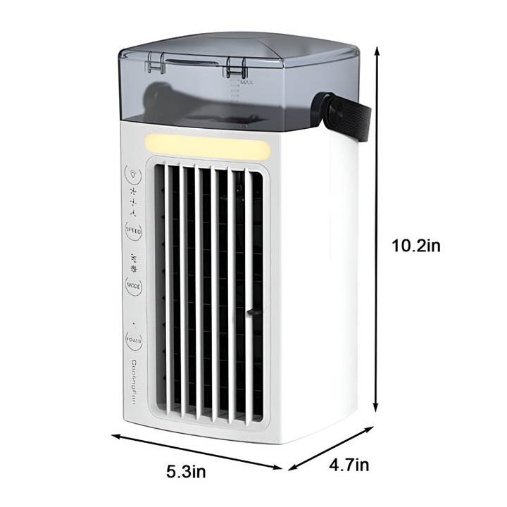 Quiet mini desktop air cooler with easy-carry handle, perfect personal cooling solution for home, office, or travel.