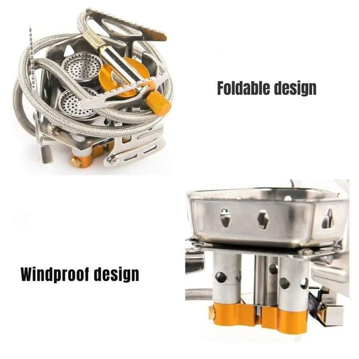 Portable camping stove packed with backpacking gear, ready for a hike and outdoor cooking.