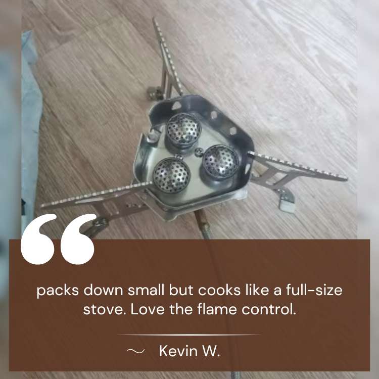 Top-down view of a modern portable gas camping stove, showing its efficient burner for quick outdoor meals.