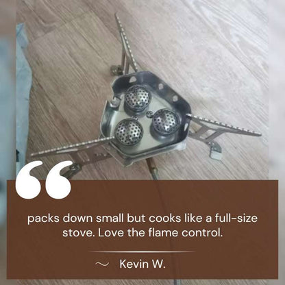 Top-down view of a modern portable gas camping stove, showing its efficient burner for quick outdoor meals.