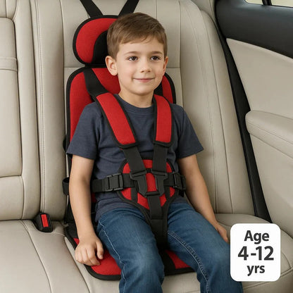 Lightweight foldable car seat for kids, blue fabric, designed as essential portable travel gear.