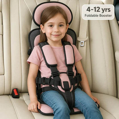 Portable booster seat for kids, side view, showing compact design & sturdy frame for car safety.