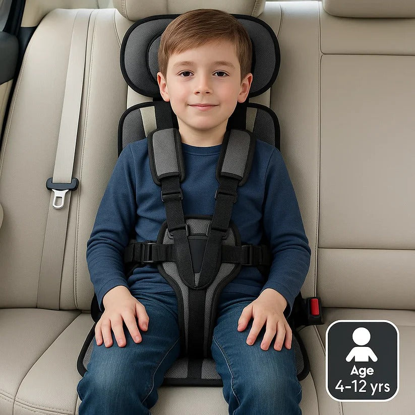 Kids' travel car seat with easy-to-clean fabric, compact, perfect for busy families & on-the-go safety.