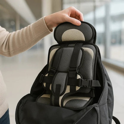 Portable car seat for toddlers, black with red accents, lightweight & compact travel gear.