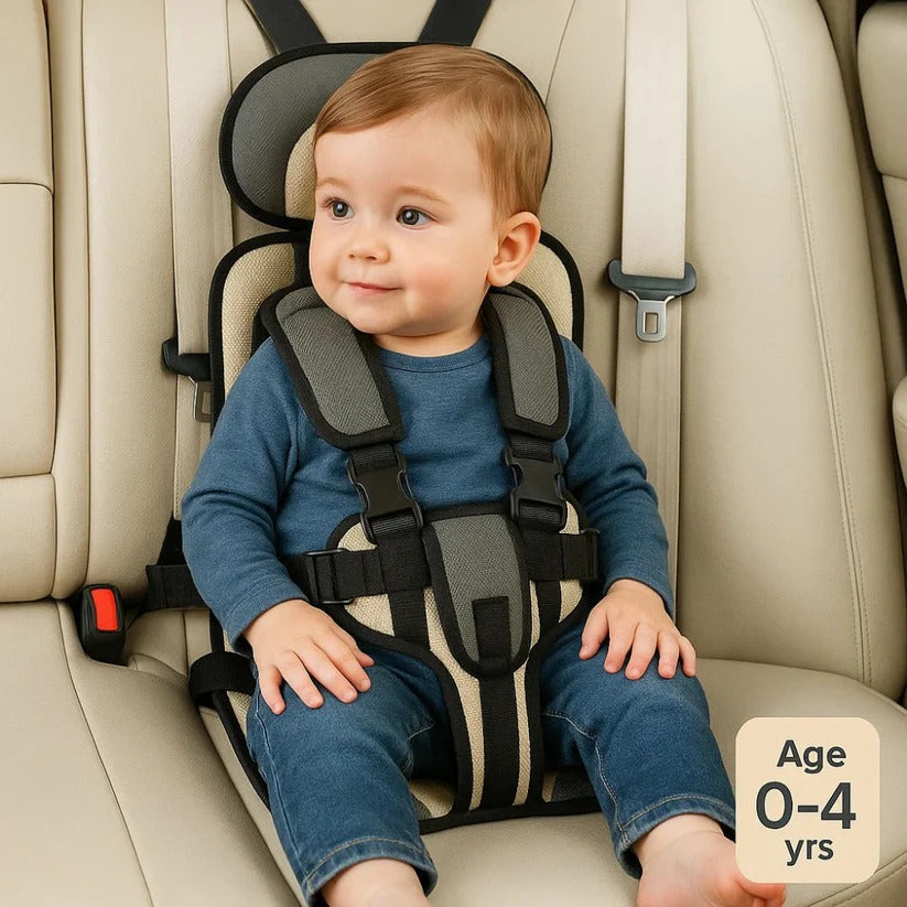 Lightweight travel seat for kids, shown with quick-release buckle, emphasizing ease of use & safety.