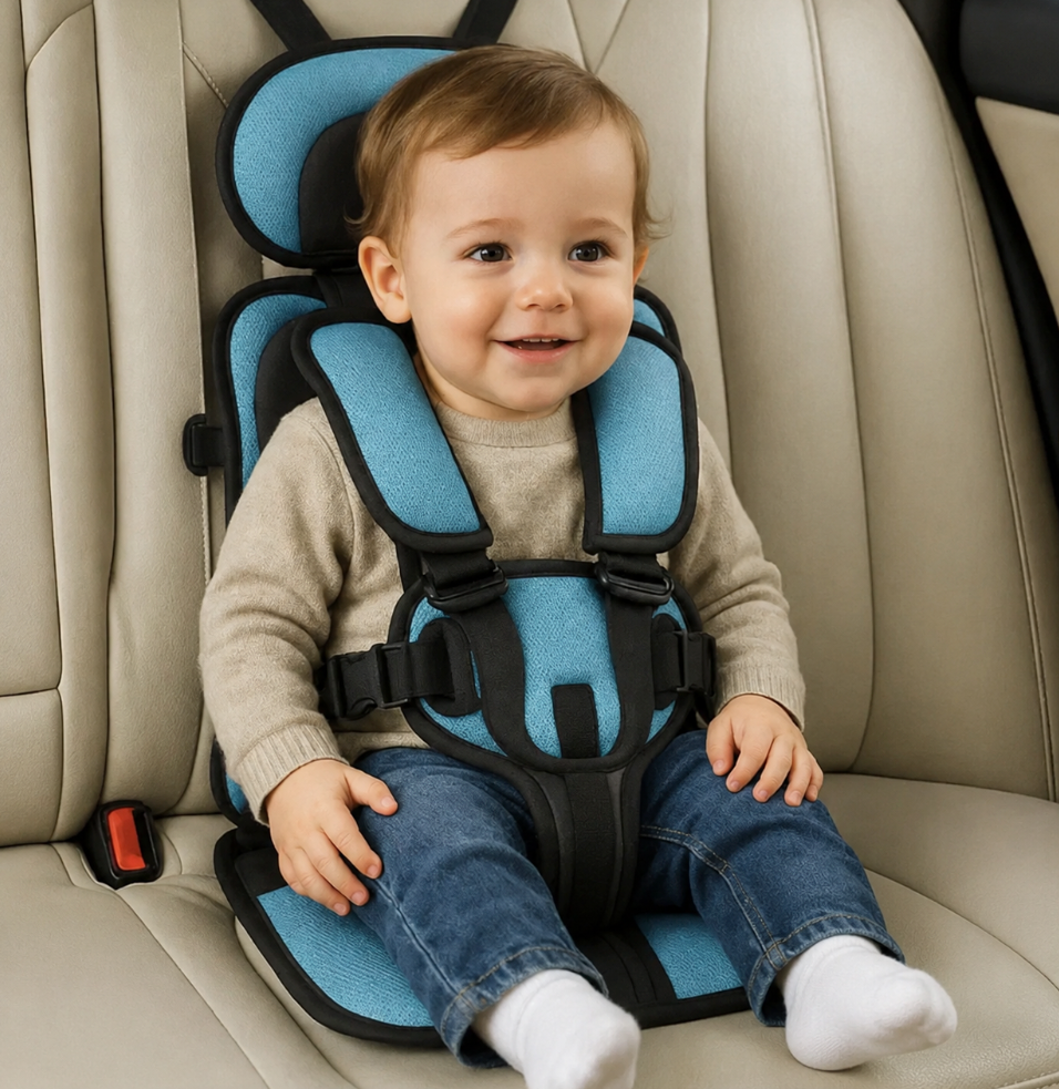 Foldable portable car seat for child safety, designed for easy storage & transport during travel.