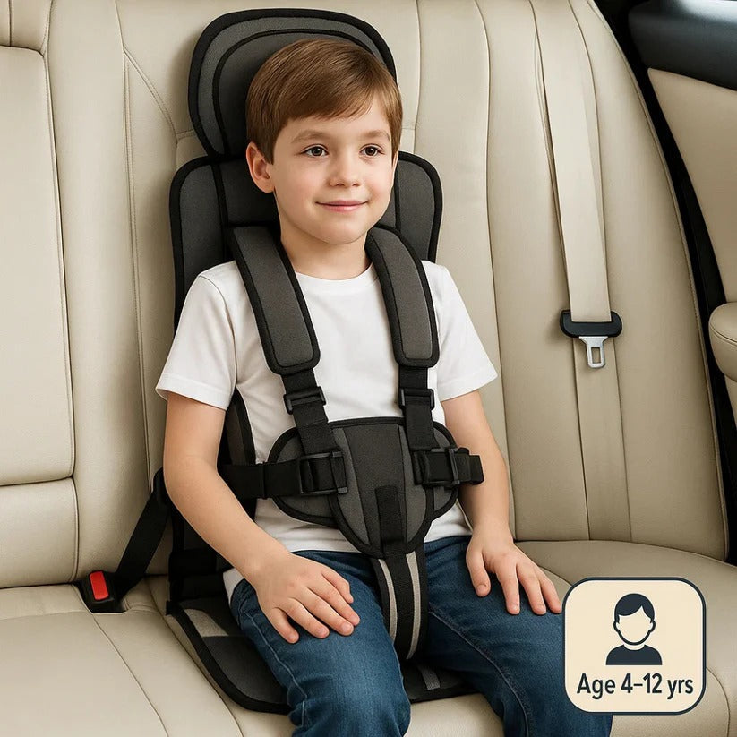 Child car seat with 5-point harness, compact & portable, designed for safe and easy travel.