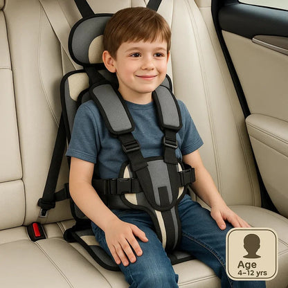Kids' travel car seat folded in a carry bag, showcasing its portable & compact travel gear design.