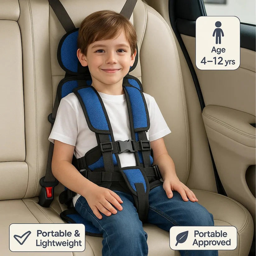 Child car seat in a car, securely installed, highlighting compact & safe travel for kids.