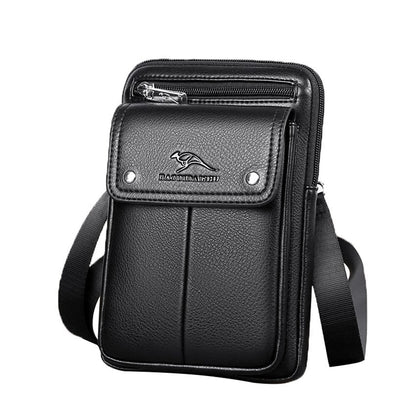 Compact PU leather crossbody bag for men, features an adjustable strap, perfect for daily carry essentials.