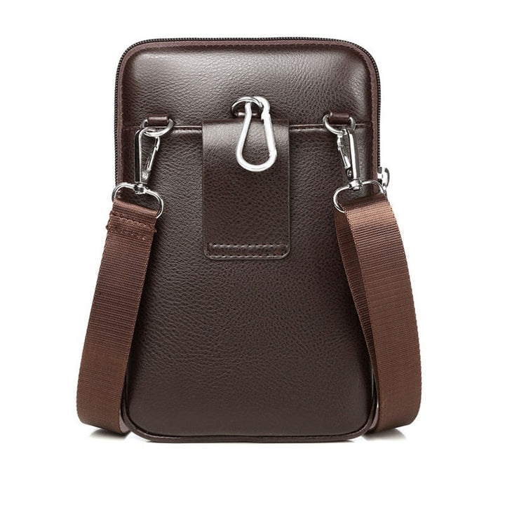 Brown men's compact PU leather shoulder bag with an adjustable strap, ideal for travel and daily essentials.