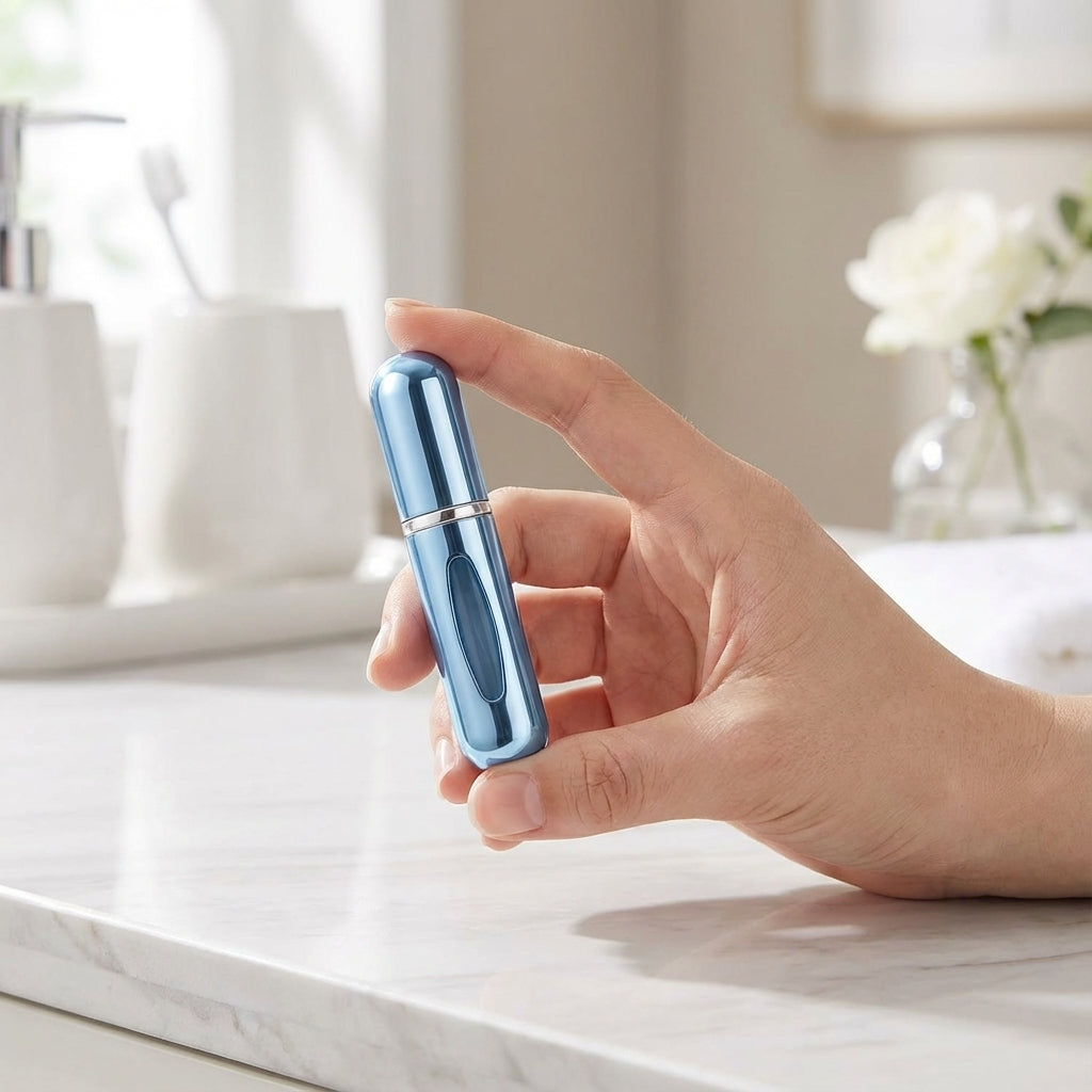 Compact refillable perfume atomizer for travel. Portable mini scent spray for pockets or purses.
