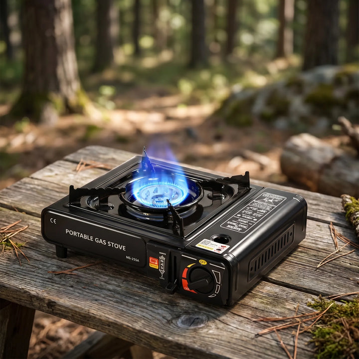 Compact single burner gas stove for camping & hiking. Portable outdoor cooking gear, ideal for travel.