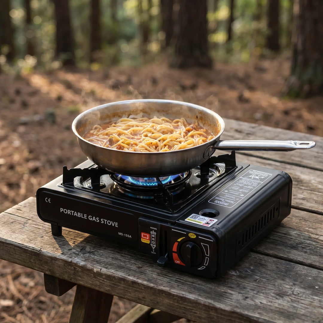Portable gas burner stove, perfect for outdoor cooking, picnics & emergency use. Easy-to-carry compact design.