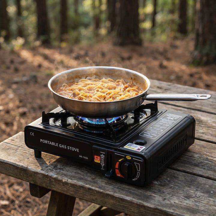 Portable gas burner stove, perfect for outdoor cooking, picnics & emergency use. Easy-to-carry compact design.