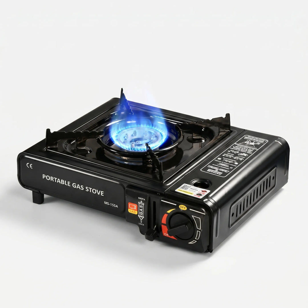 Lightweight compact single burner gas stove, essential for camping, hiking & travel meals. Quick outdoor cooking.