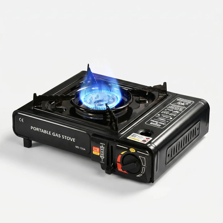 Lightweight compact single burner gas stove, essential for camping, hiking & travel meals. Quick outdoor cooking.