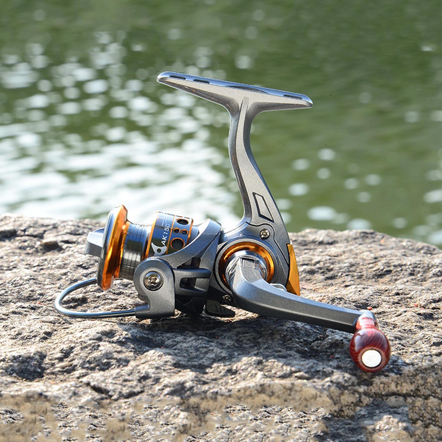 Detail shot of a mini fishing reel, showcasing its intricate design & durability