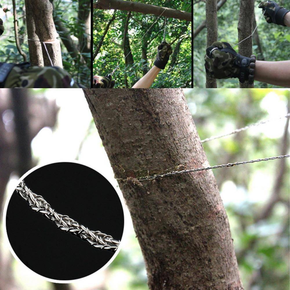 Stainless steel wire saw shown with its compact size, ideal for any emergency kit