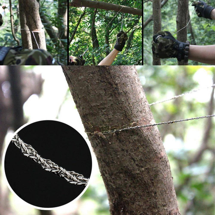 Stainless steel wire saw shown with its compact size, ideal for any emergency kit