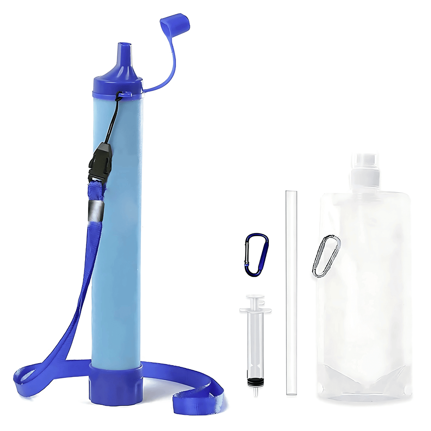 Compact survival water filter set for camping, hiking & emergency purification; portable outdoor gear