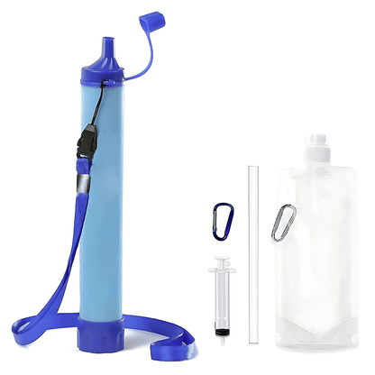 Compact survival water filter set for camping, hiking & emergency purification; portable outdoor gear