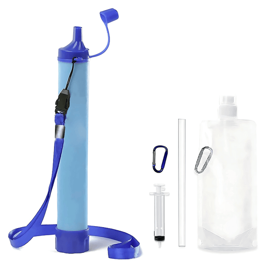 Compact survival water filter set for camping, hiking & emergency purification; portable outdoor gear