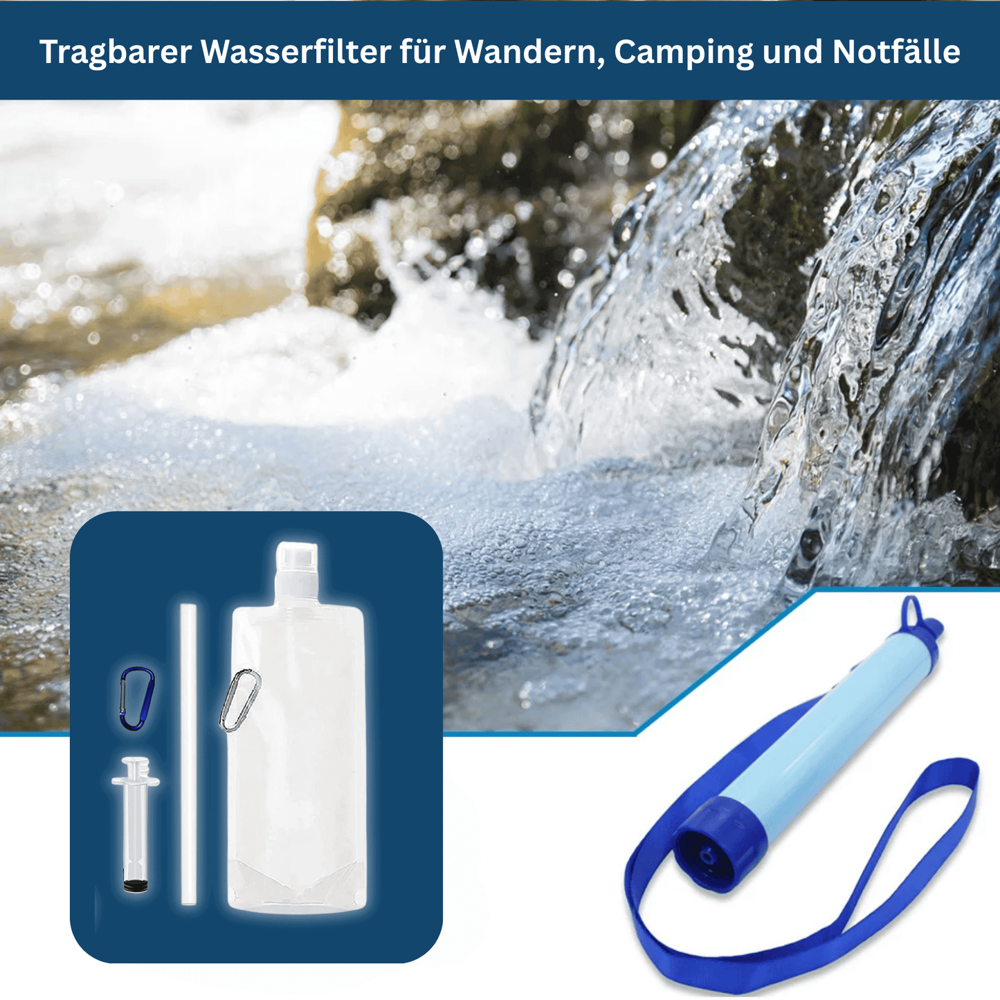 Survival water filter kit with pump & hose for clean drinking during outdoor adventure; essential gear