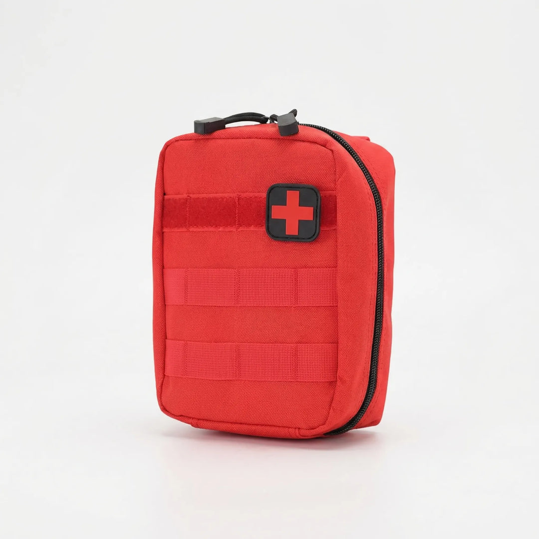 Emergency medical survival pouch, compact tactical design with MOLLE. Perfect for outdoor adventures & preparedness.