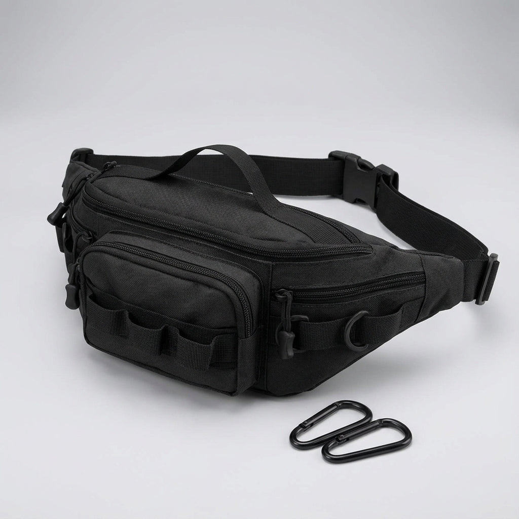 Person wearing a compact tactical waist pack/fanny pack, perfect for hiking, travel, or everyday carry essentials.