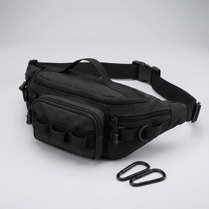 Person wearing a compact tactical waist pack/fanny pack, perfect for hiking, travel, or everyday carry essentials.