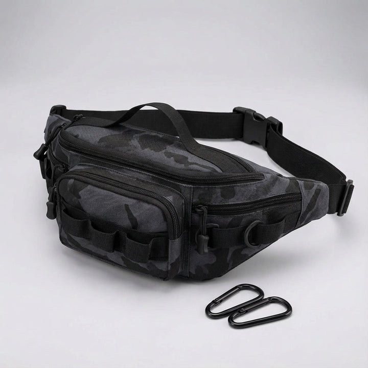 Close-up of a compact tactical utility pouch, showing organized compartments for outdoor gear & EDC items.
