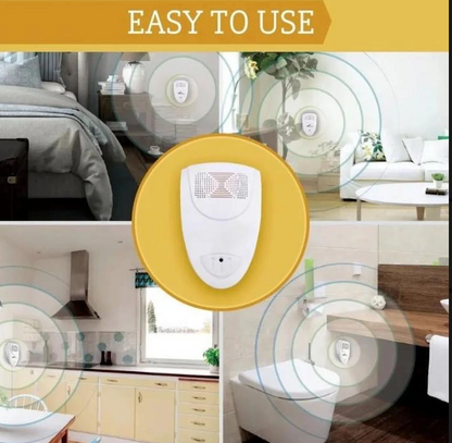White ultrasonic bed bug & pest repeller plugged into a wall outlet, providing discreet home protection.