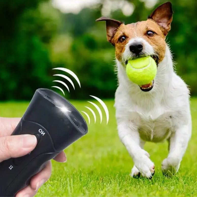 Compact ultrasonic dog barking device for indoor/outdoor use. Effective pet training aid & bark deterrent.