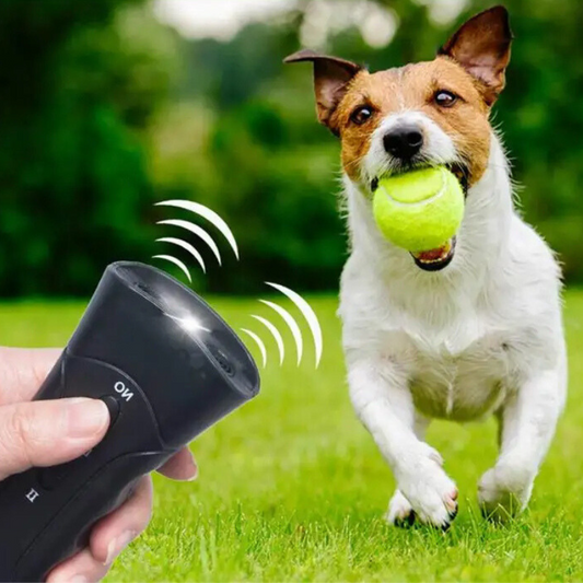 Compact ultrasonic dog barking device for indoor/outdoor use. Effective pet training aid & bark deterrent.