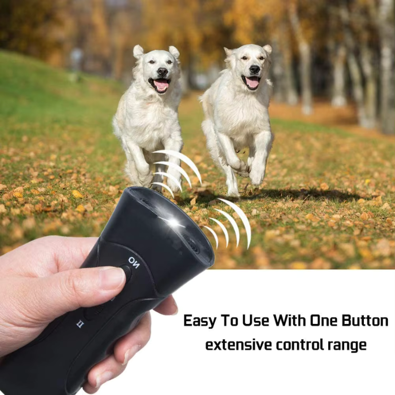 Person holding a portable ultrasonic dog bark control device. Gentle pet training & anti-bark solution.