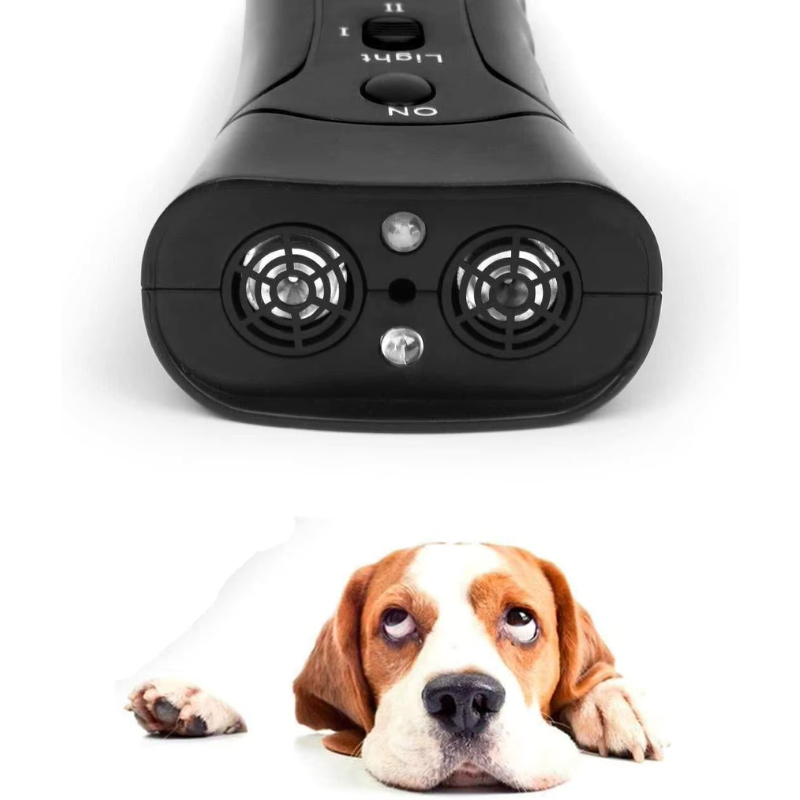 Front view of an ultrasonic dog bark deterrent device. Pet supplies for humane anti-bark training & control.