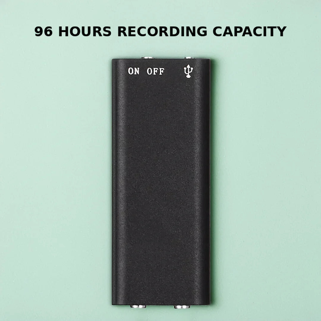Portable voice-activated audio recorder with USB drive function, ideal for lectures, interviews & important notes.