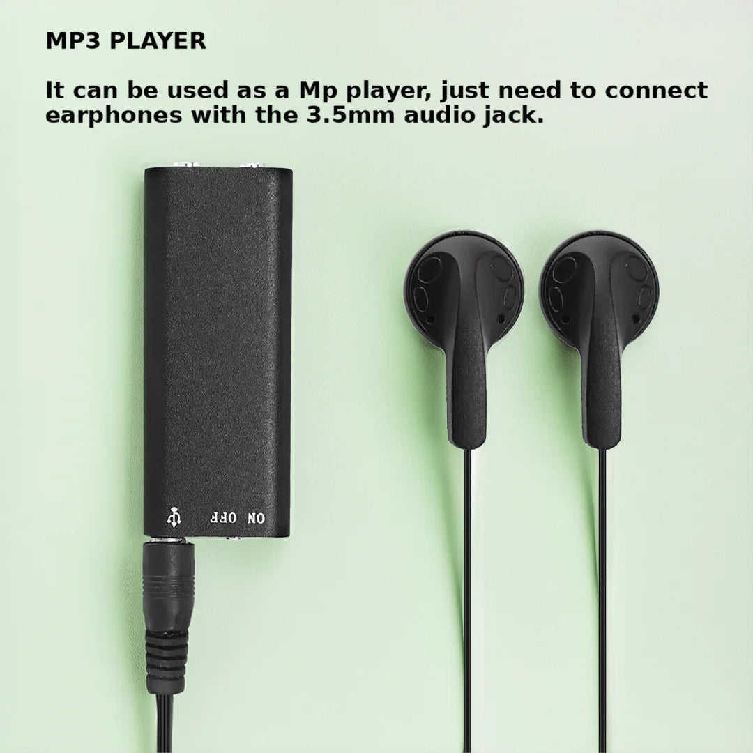 Sleek, black mini voice recorder on a desk, ready for discreet audio recording of meetings or personal notes.