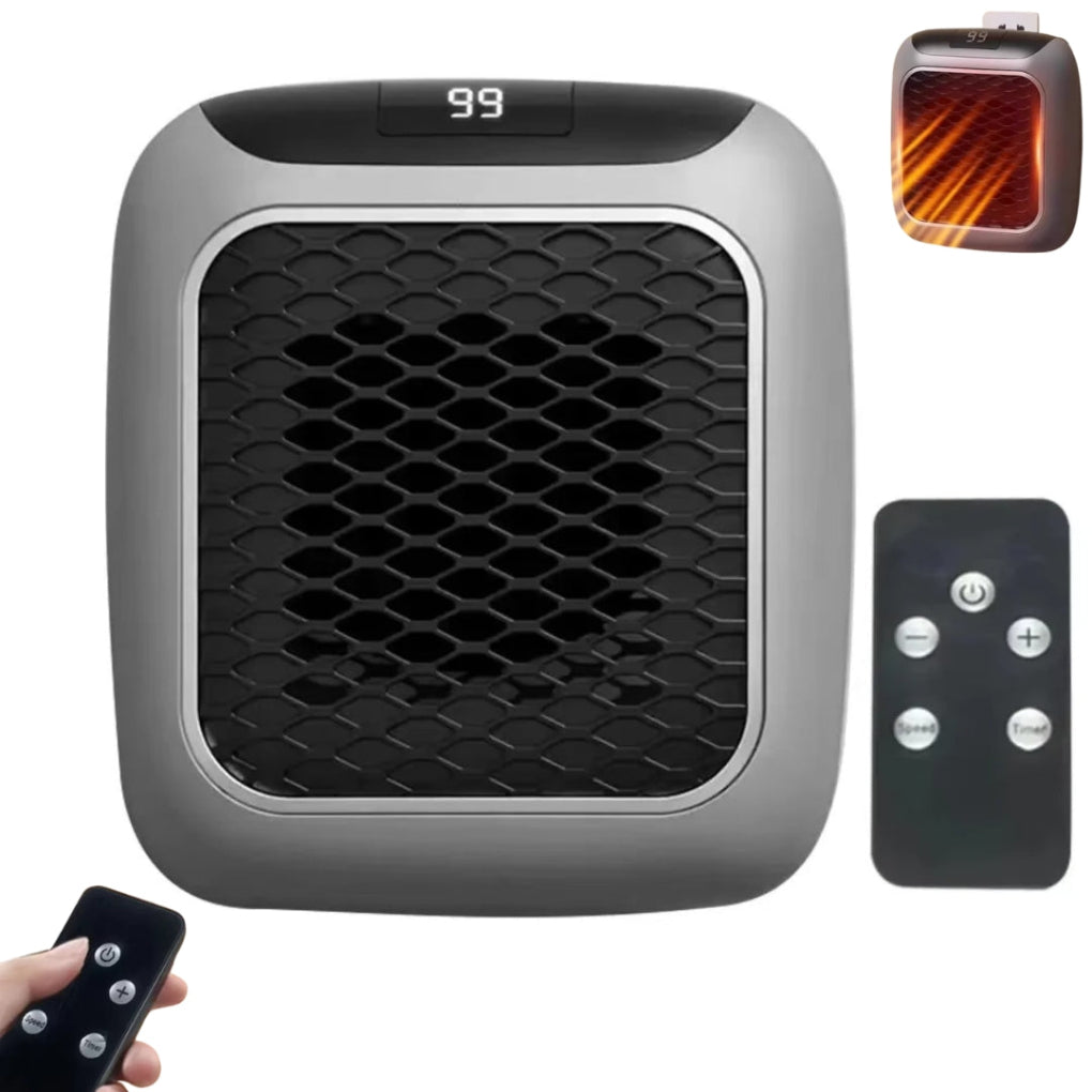 Compact wall plug-in heater with remote control, ideal for quick warmth in small spaces or home office.