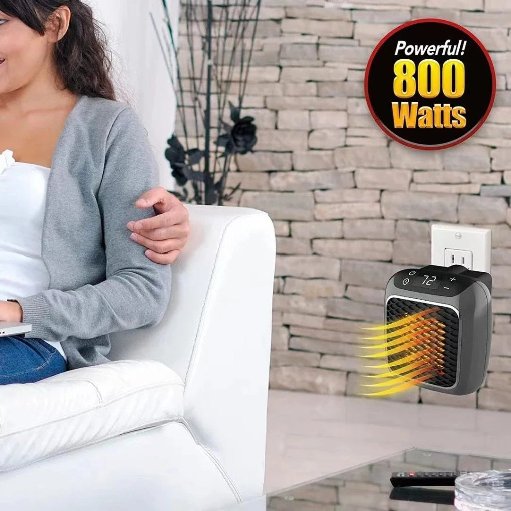 Modern compact electric heater with remote control. Wall-mounted plug-in design for discreet, personal heat.