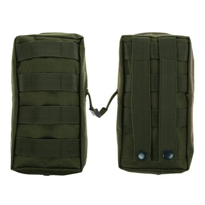Tactical MOLLE pouch attached to a backpack, showing compact size and water-resistant fabric for EDC