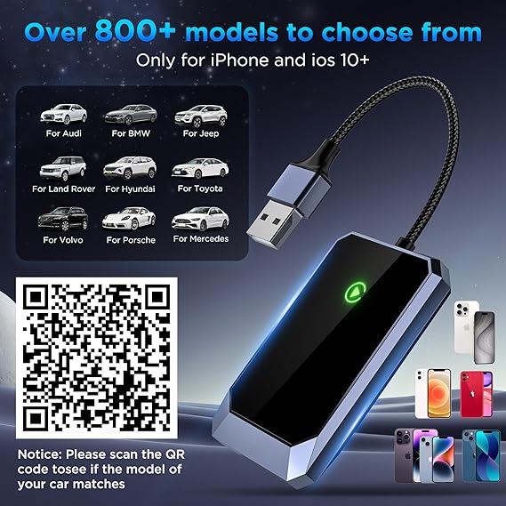 Small wireless CarPlay adapter device connecting your iPhone for hands-free, in-car tech convenience.
