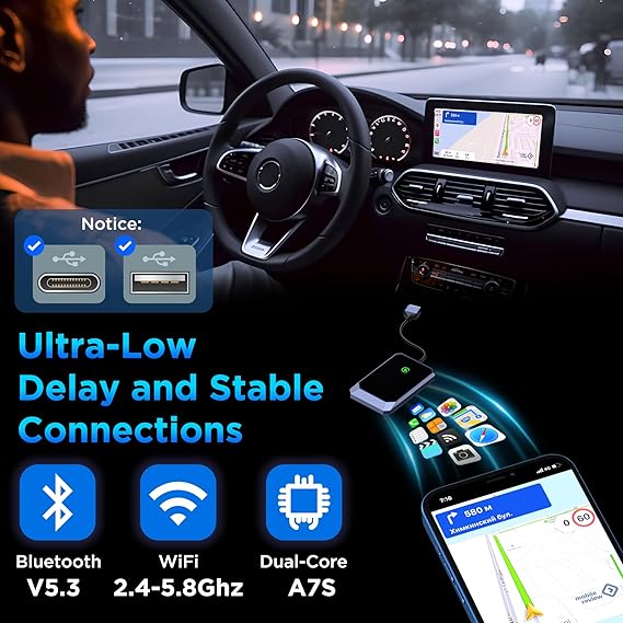 Sleek wireless CarPlay adapter offering seamless, high-speed iPhone connectivity for modern car interiors.