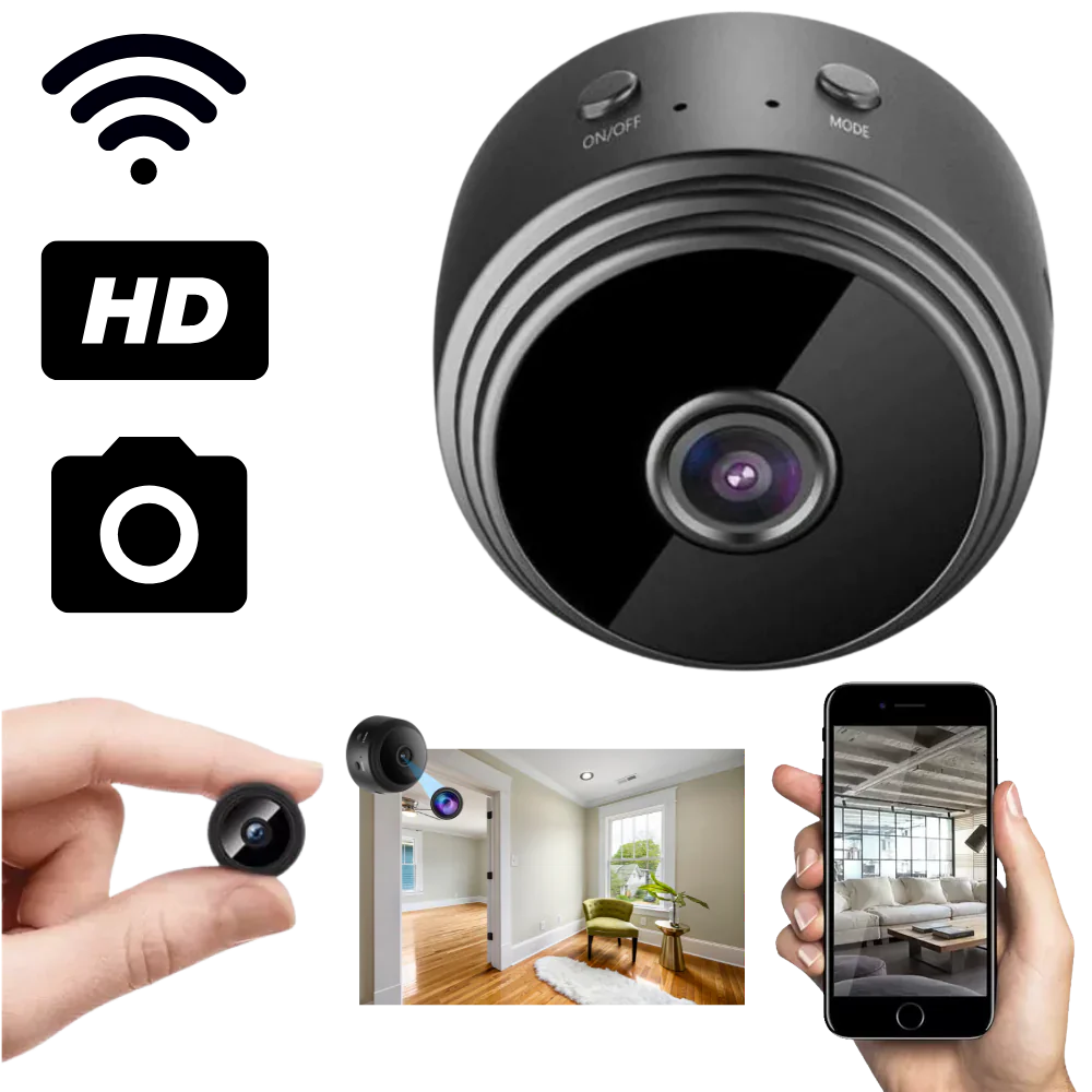 Compact wireless security camera for discreet home surveillance with smart features.