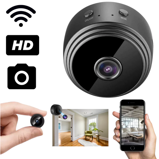 Compact wireless security camera for discreet home surveillance with smart features.